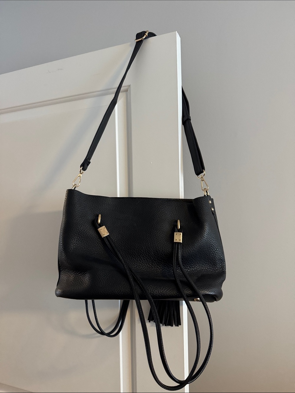 Classic Black Leather Shoulder Bag with Gold Hardware 2-in-1 with crossbody bag